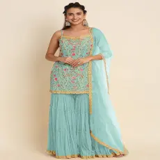 Aqua-Blue-Chinnon-Thread-Embroidered-Semi-Stitche